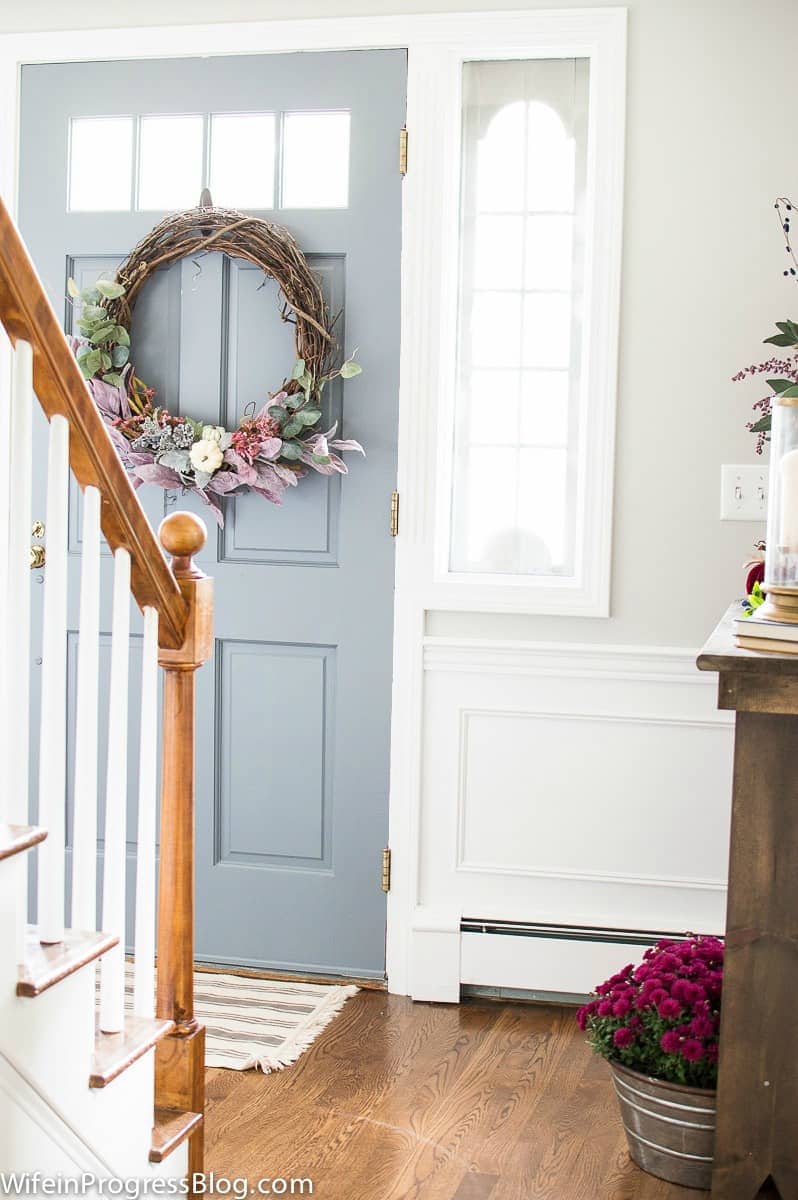 Farmhouse fall home tour. Front door color is Serious Gray by Sherwin Williams