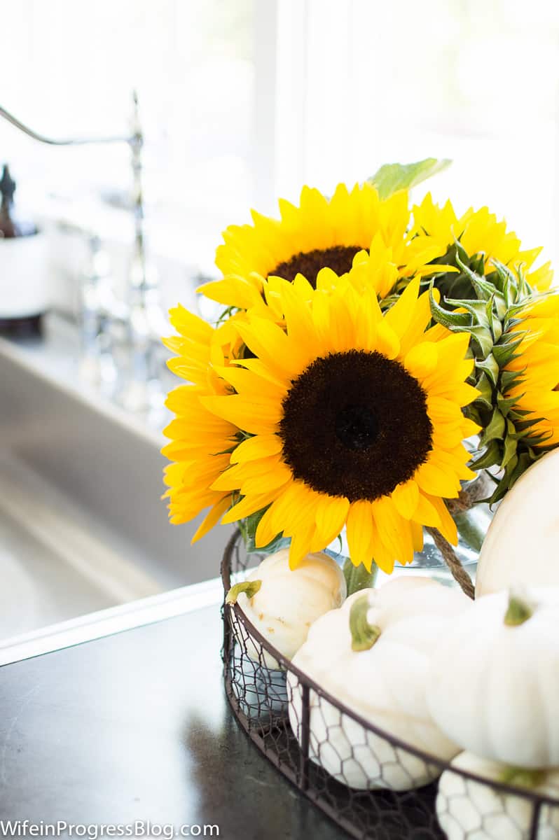 A vase of sunflowers in a wire basket with off-white pumpkins near the kitchen sink