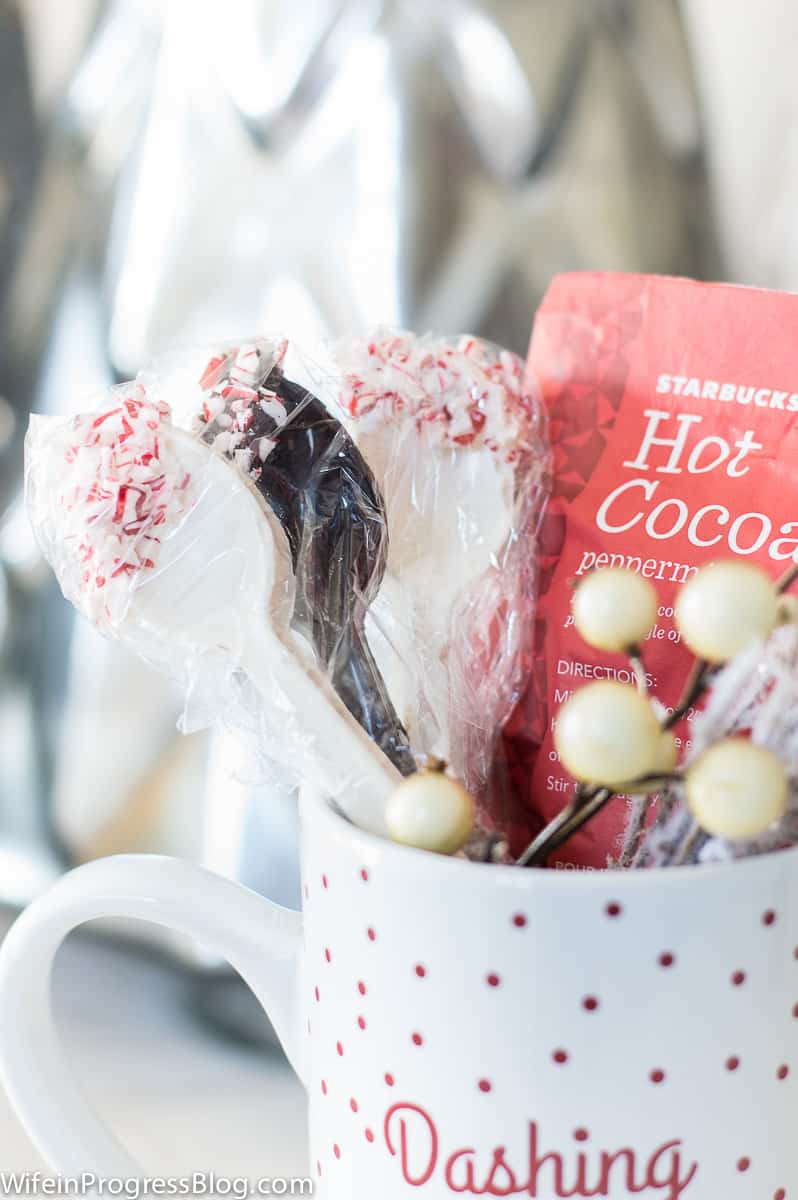 What a cute gift idea! Chocolate spoons dipped in crushed candy canes. Add a packet of hot chocolate and a cute mug and it's an instant holiday gift!