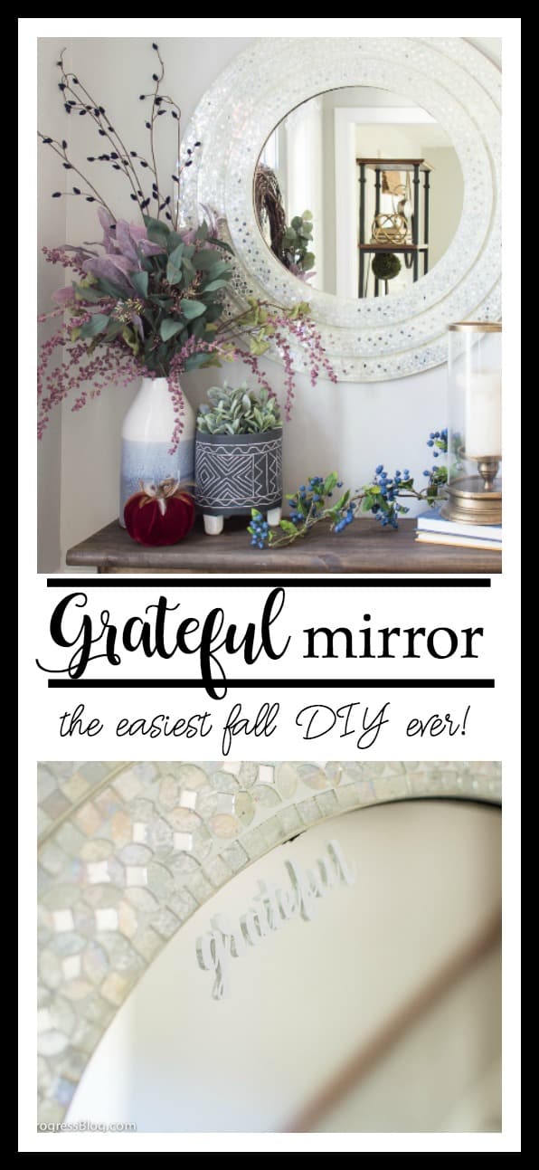 Just add some simple stickers or decals to a mirror with a word or phrase for the season. Such a simple way to decorate for fall and Christmas!