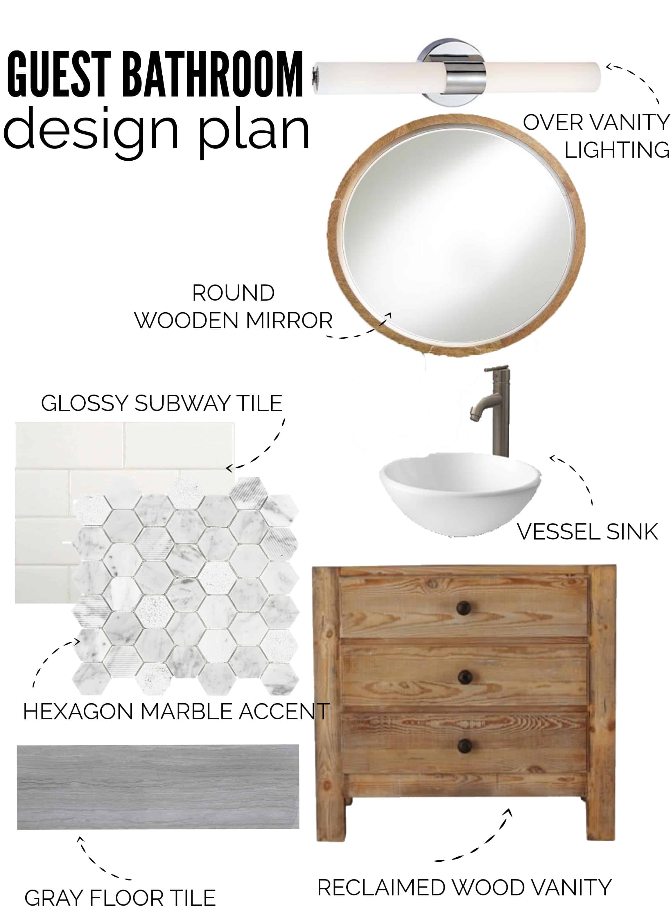 A collage of design elements: round mirror, white subway tile, smaller marble accent tile, white vessel sink, wooden vanity and gray floor tile