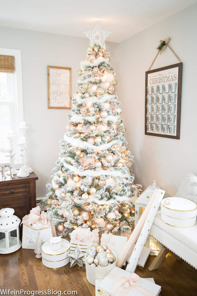 Flocked Christmas tree with blush pink and gold decorations