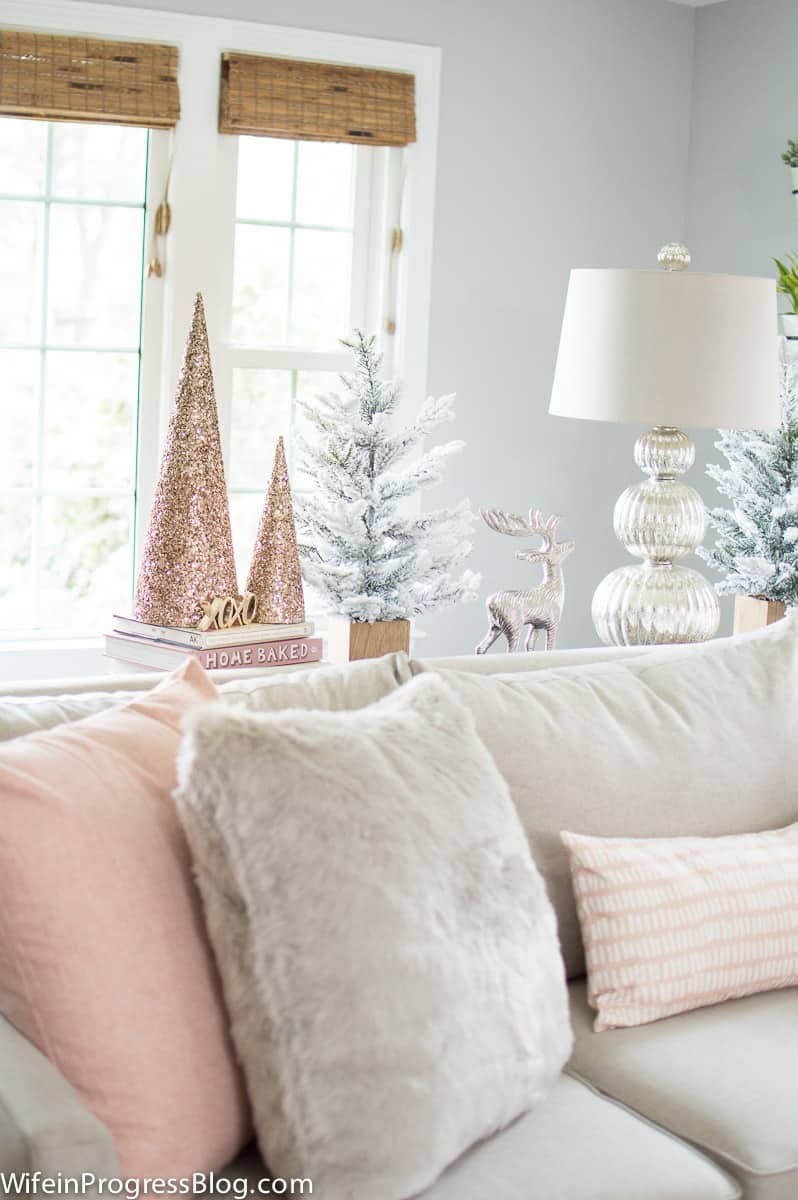 rose gold and pink Christmas decor in the living room