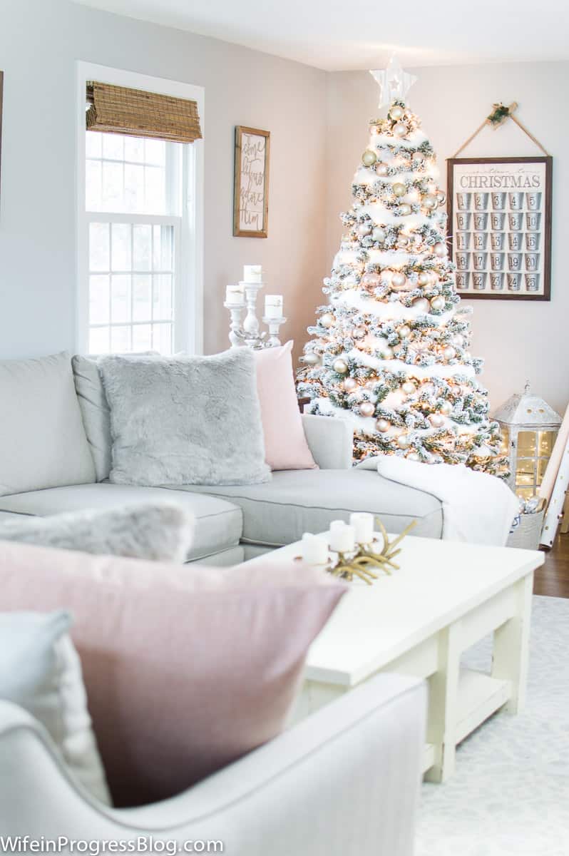 Beautiful blush pink and gray living room - Christmas decorating ideas for the home