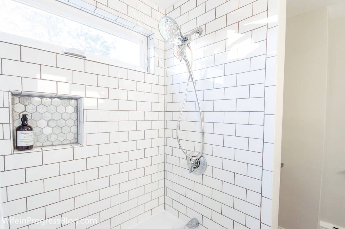 tile bathroom shower with shower head 
