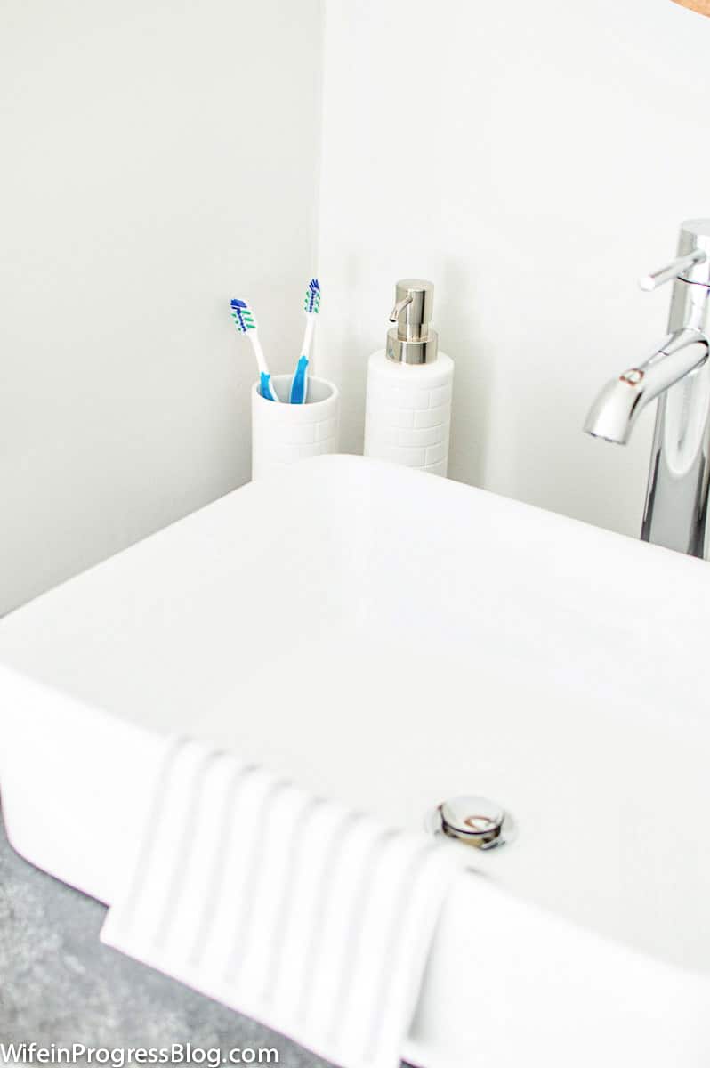 Subway tile soap and toothbrush holder for the modern farmhouse bathroom makeover