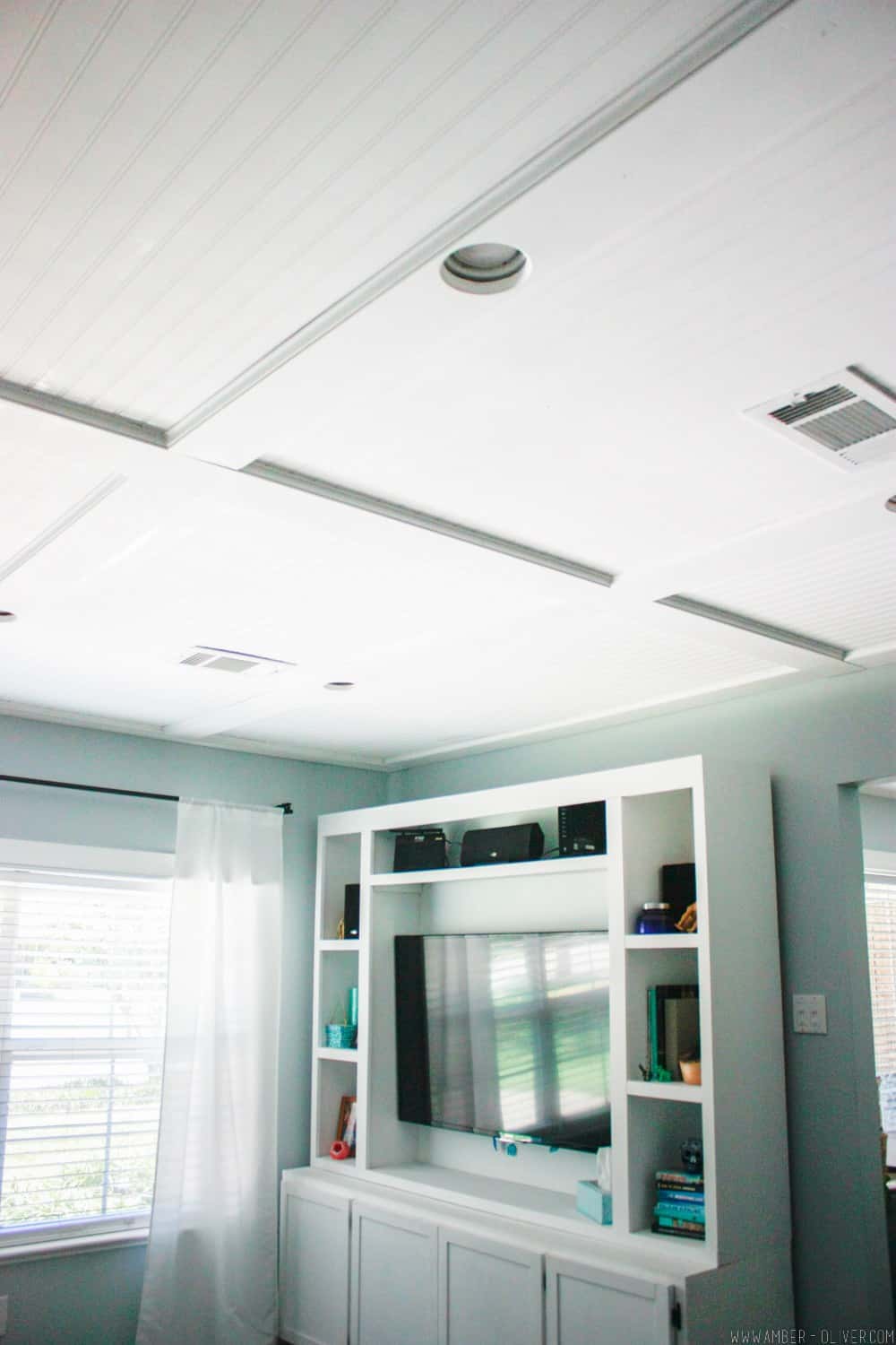 A bead board ceiling adds character and charm to a new home
