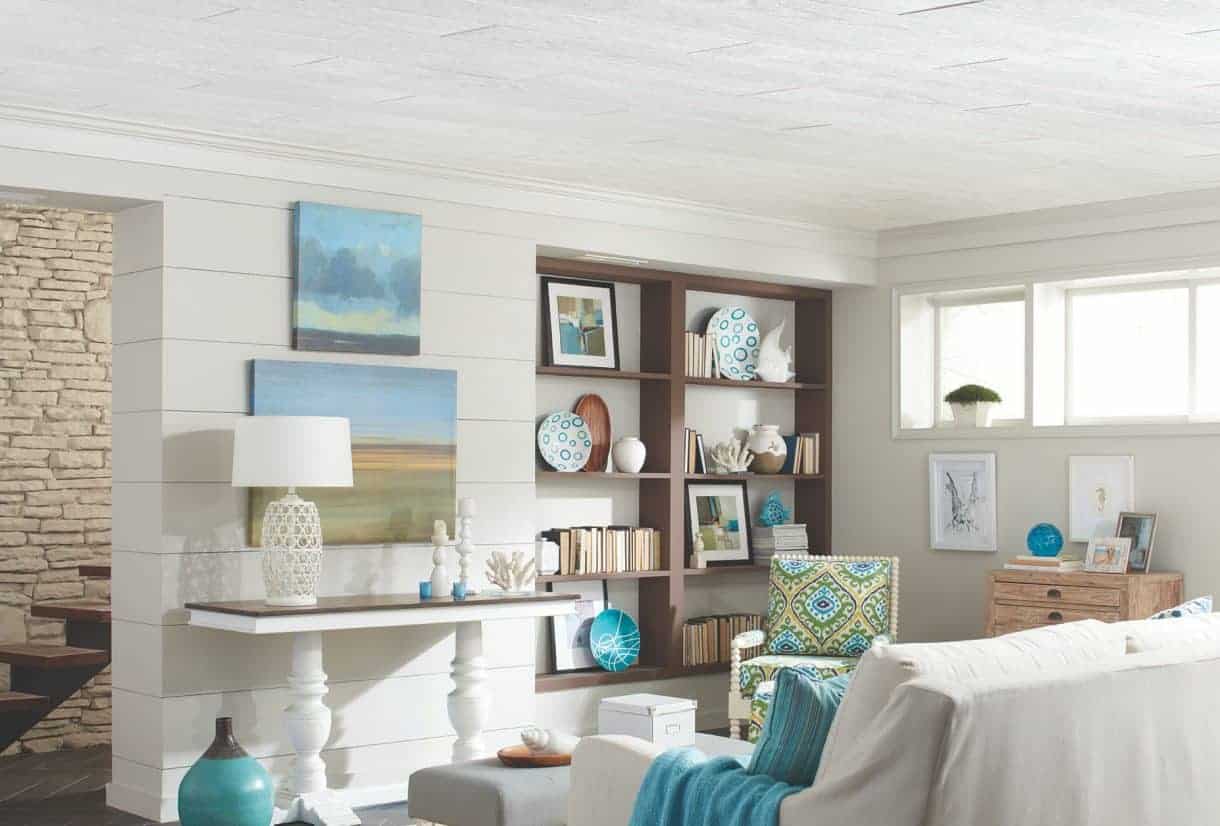 White wood planked ceiling in coastal-themed living room