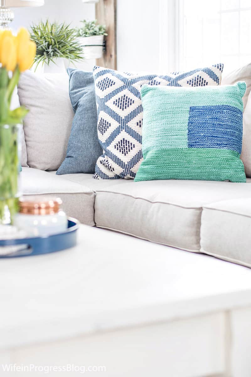 Navy blue and green throw pillows