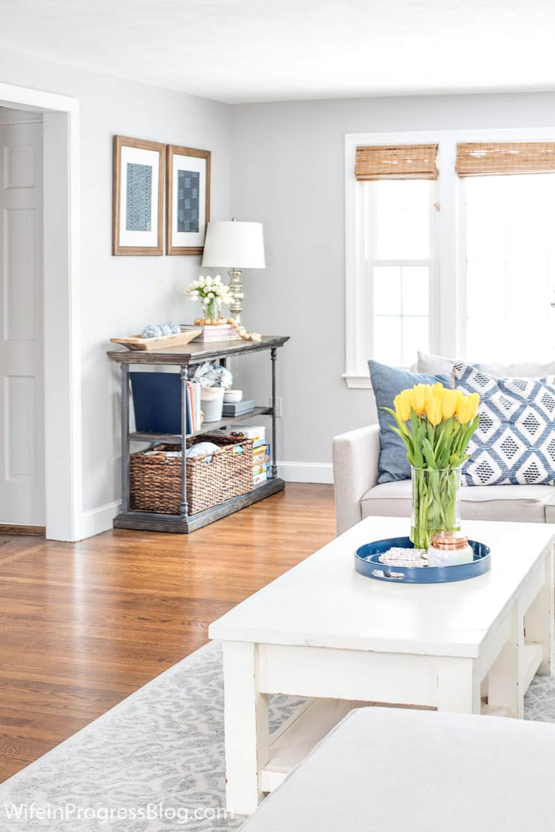 Living room with navy blue and green. Good decorating ideas