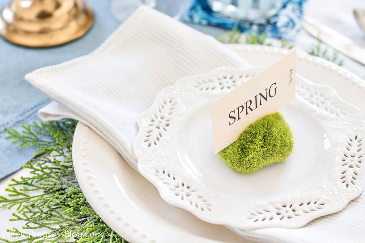 Simple & easy to make DIY spring tablescape place setting using moss vase fillers