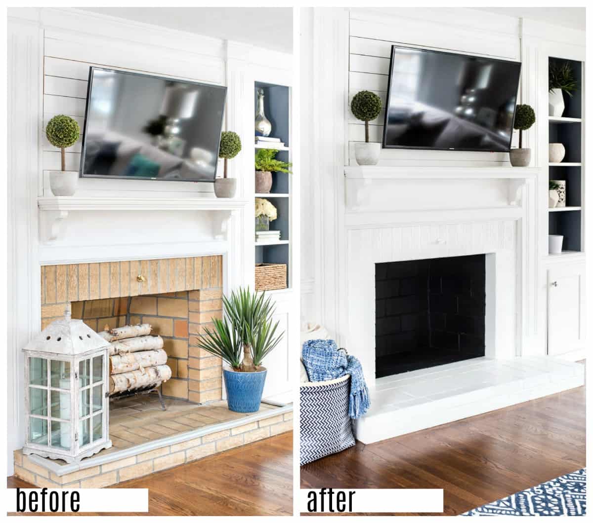 before and after of the painted fireplace