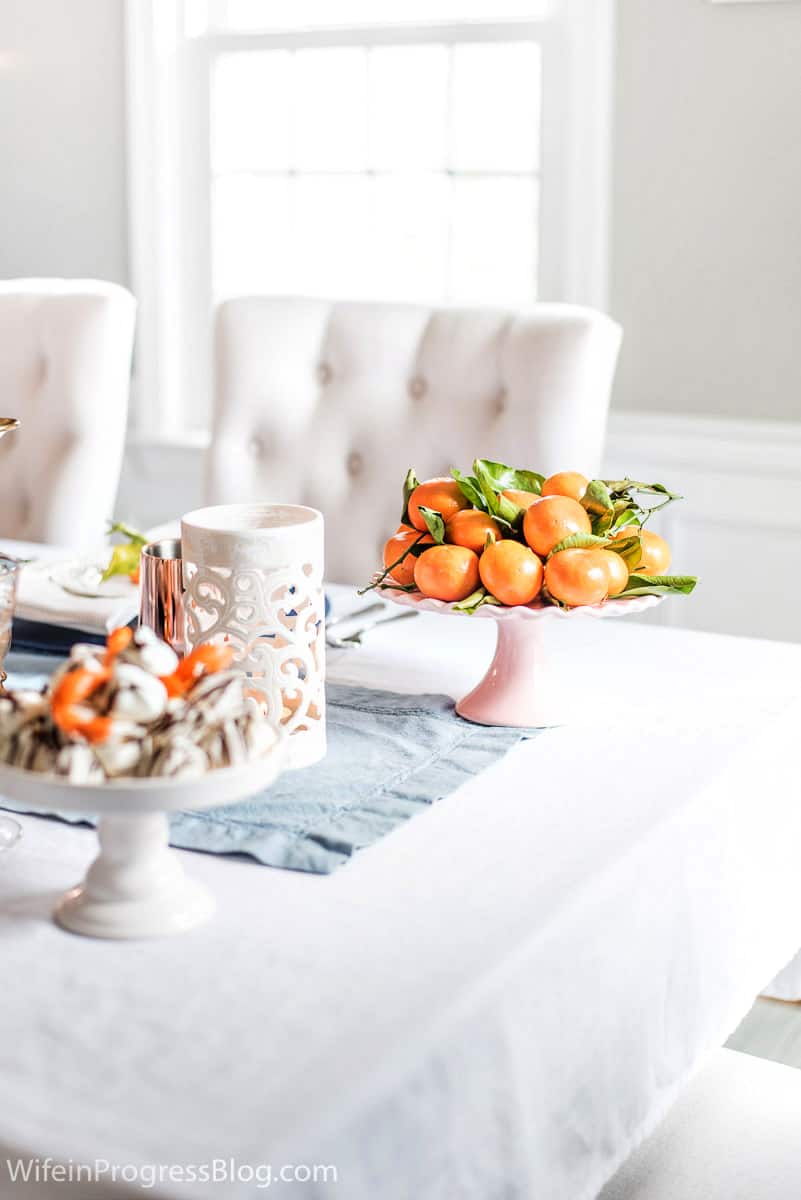 Mother's Day Brunch tablescape with stemmed oranges