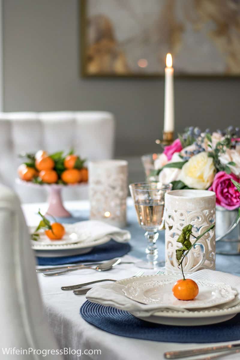 Using stemmed mandarins as a mother's day place setting. So simple but elegant!