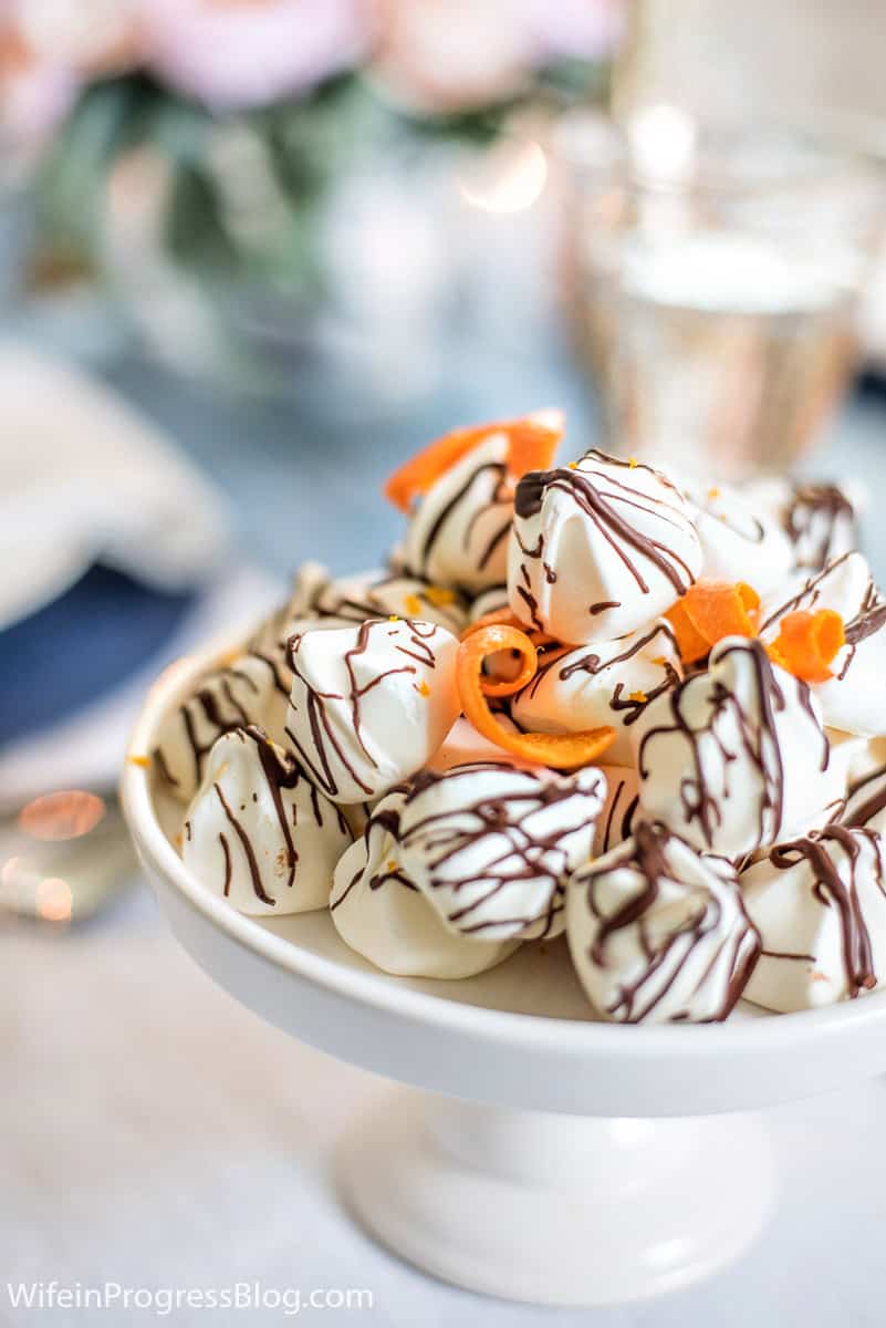 Mother's Day food ideas: Chocolate Orange Meringues topped with drizzled chocolate and orange peels