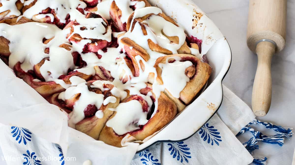 raspberry swirl sweet rolls with lemon vanilla icing