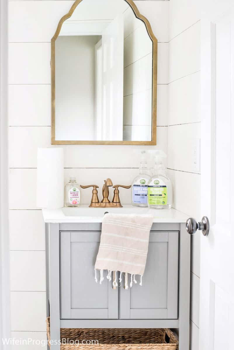 cleaning products sitting on bathroom sink