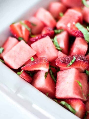 This strawberry, watermelon and basil fruit salad has only 3 ingredients as is very refreshing in the summer.
