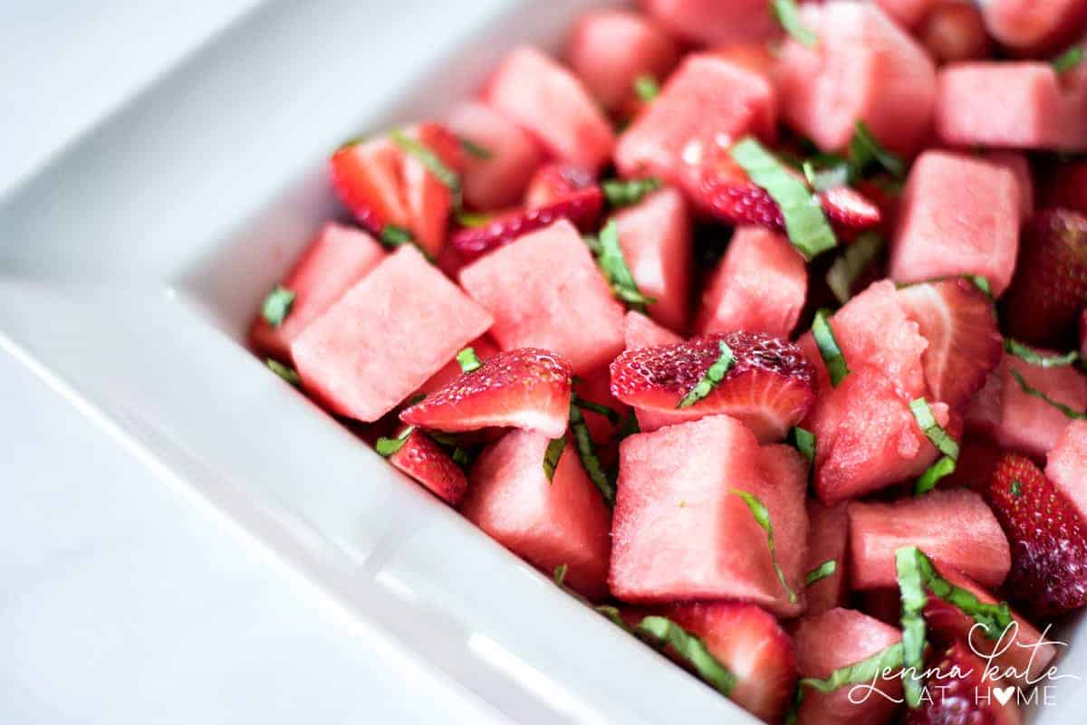 This strawberry, watermelon and basil fruit salad has only 3 ingredients as is very refreshing in the summer.