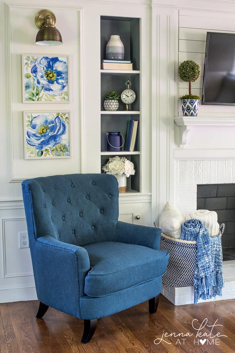 The perfect navy blue accent chair for this coastal navy blue and gray living room