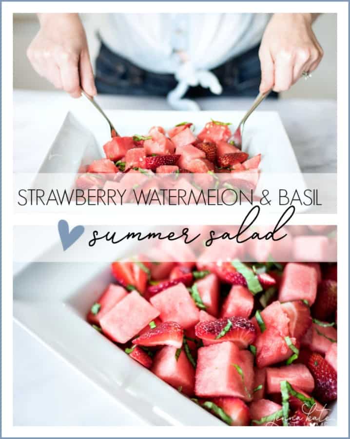 Looking for 4th of July food ideas? This strawberry, watermelon and basil fruit salad is the perfect refreshing side dish for an Independence Day party or any summer gathering.