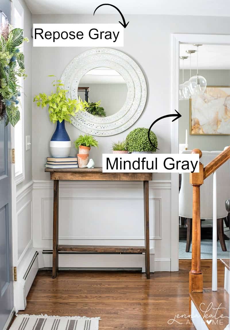 A console table in the entryway, where the wall is painted with Mindful Gray, compared with a wall in the background, painted with Mindful Gray