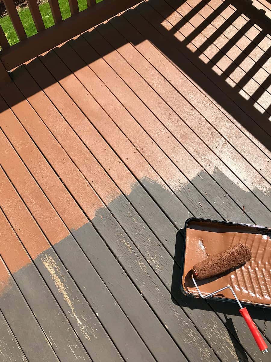 The first coat of Behr Deck Over onto a thoroughly cleaned deck