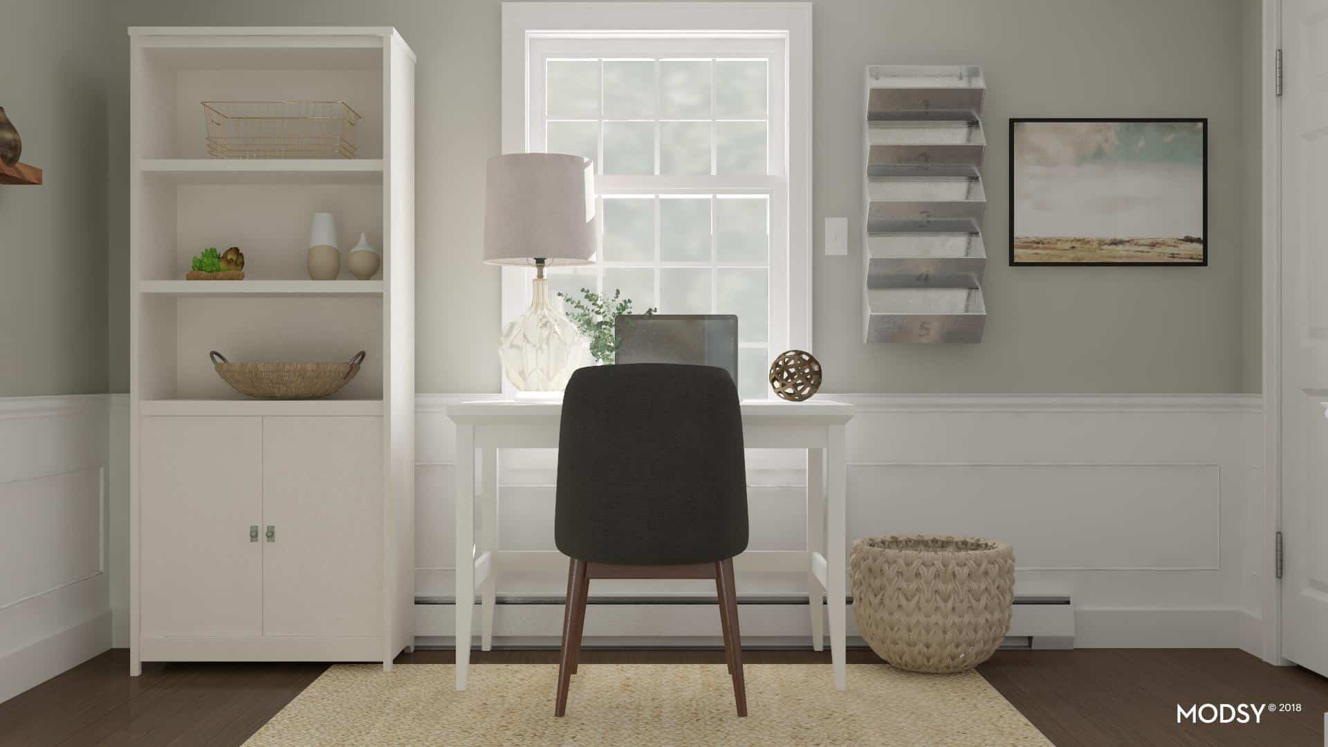 A simulated view of a desk and chair, facing a window, with a shelf to the left and a filing system mounted to the wall on the right