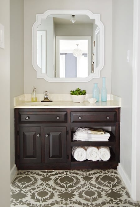 Revere Pewter with dark wood vanity in bathroom