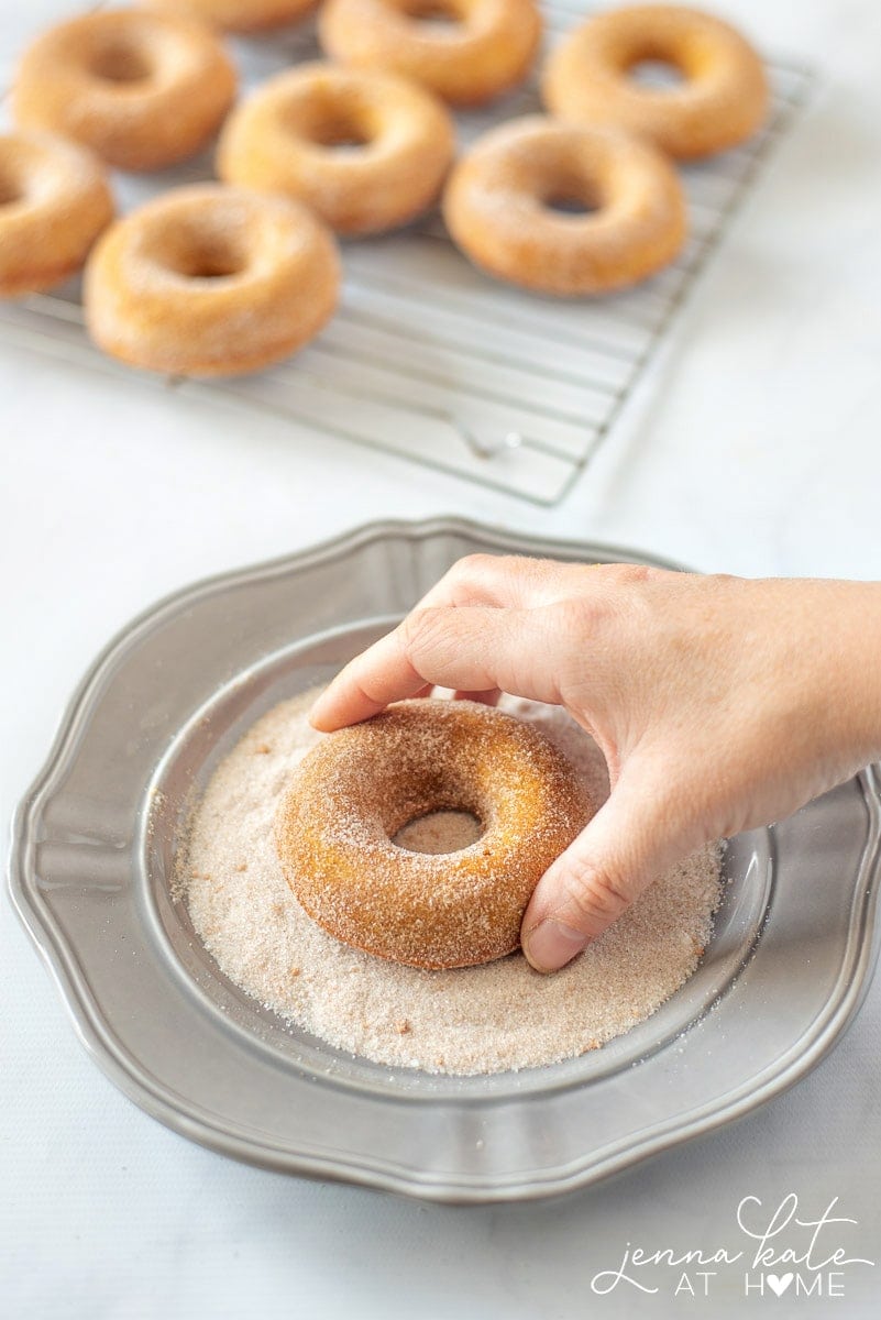 Baked pumpkin spice donuts with cinnamon sugar coating have all the flavors of Fall