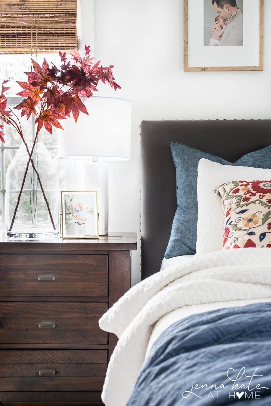 nightstand with Japanase maple leaves in a vase