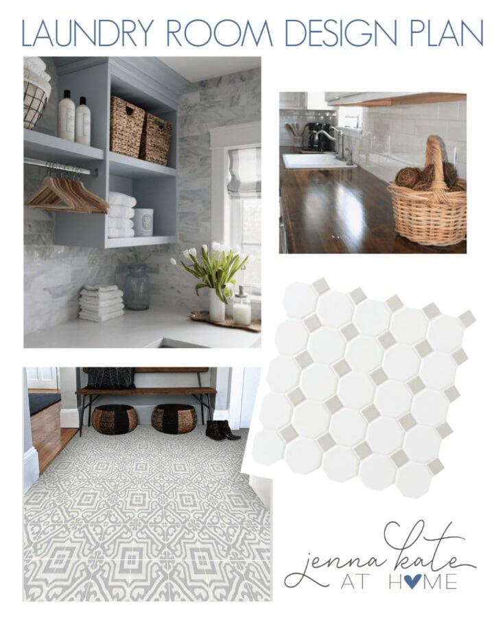 A collage of inspiration ideas for the laundry room - a laundry area with built-in shelves for essentials, a wooden countertop, and a grey and white patterned floor