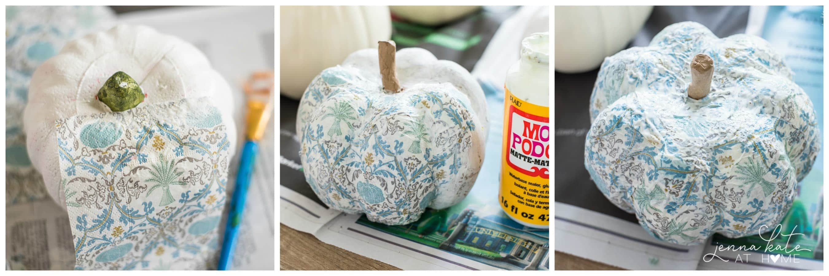 Three photos showing the process of laying the mod podge and napkins covering the pumpkins.