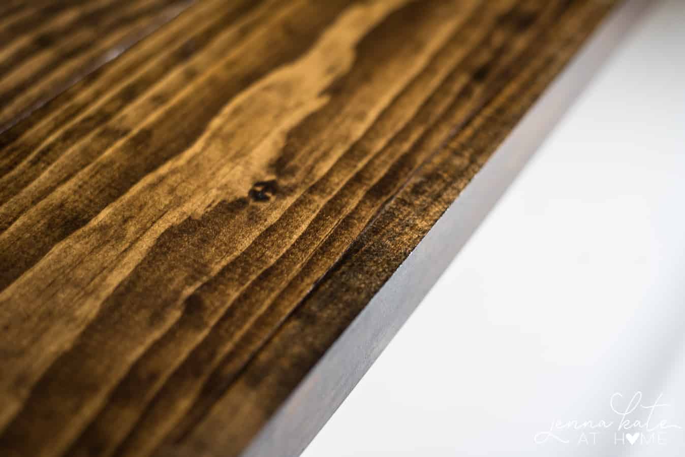 A close-up view of the wood details of the DIY wide plank butcher block countertops 