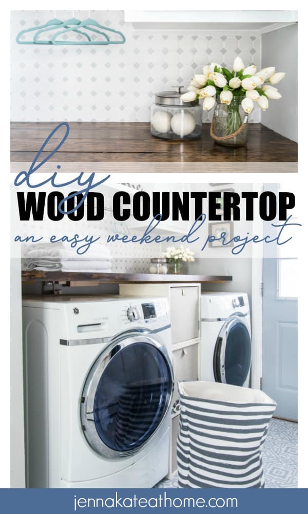 DIY Wood Countertop...an easy weekend project (with a close-up of the counter top in the background and the washer/dryer area below)