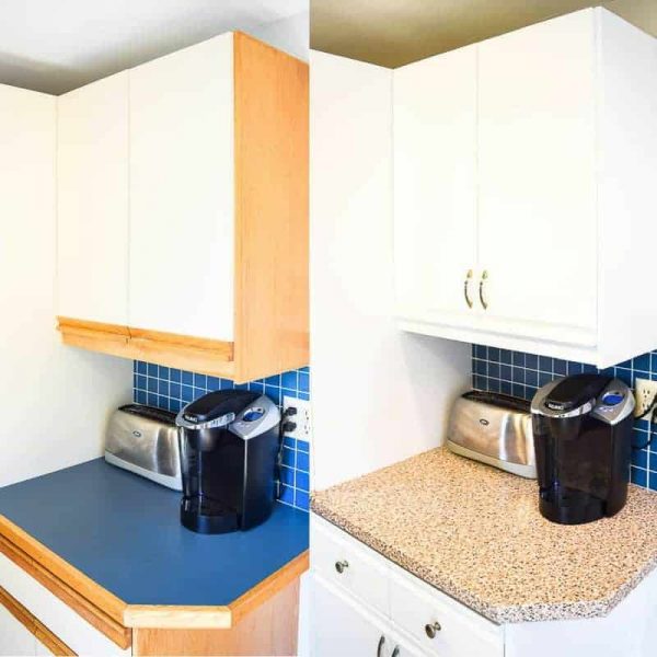 Don't like your countertops but don't have the budget for new ones? These DIY countertop ideas are a great alternative to buying new ones. Plus, not only are they amazingly beautiful but they are cheap to make, too! Contact paper countertop before and after