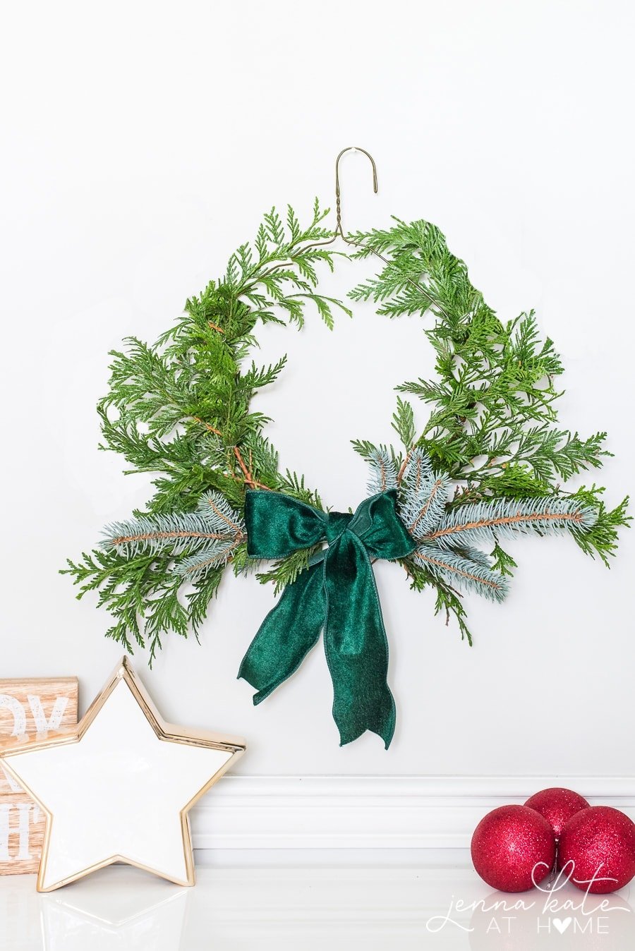 DIY Wire Coat Hanger Evergreen Christmas Wreath