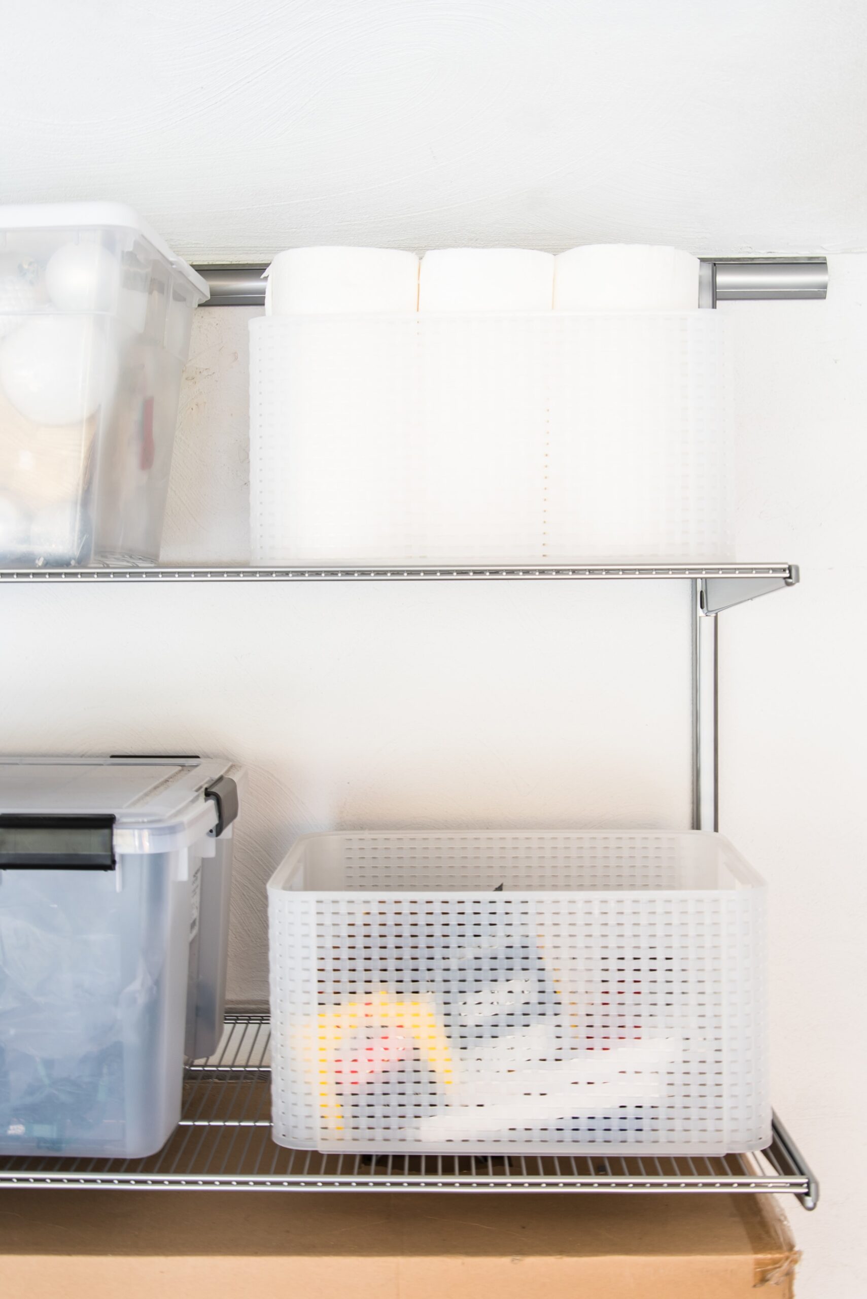 A close up shot of shelves in a garage.