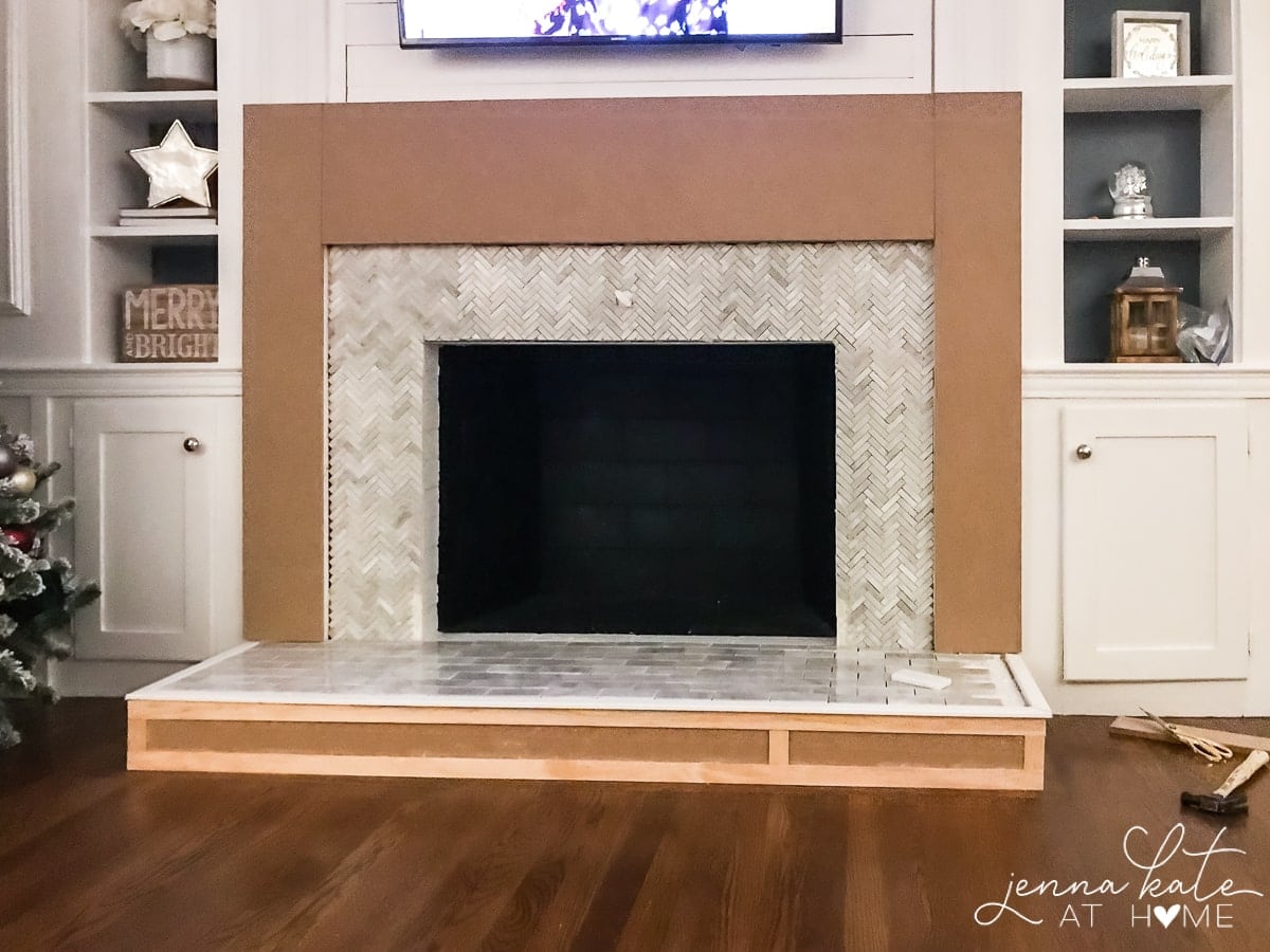 Shadow boxes using lattice trim for the front of the DIY fireplace surround