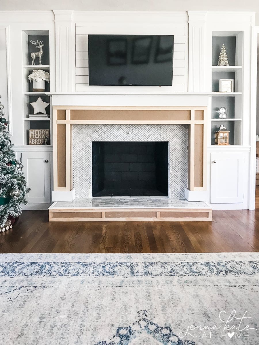 DIY Fireplace Mantel with Storage - Designed Simple