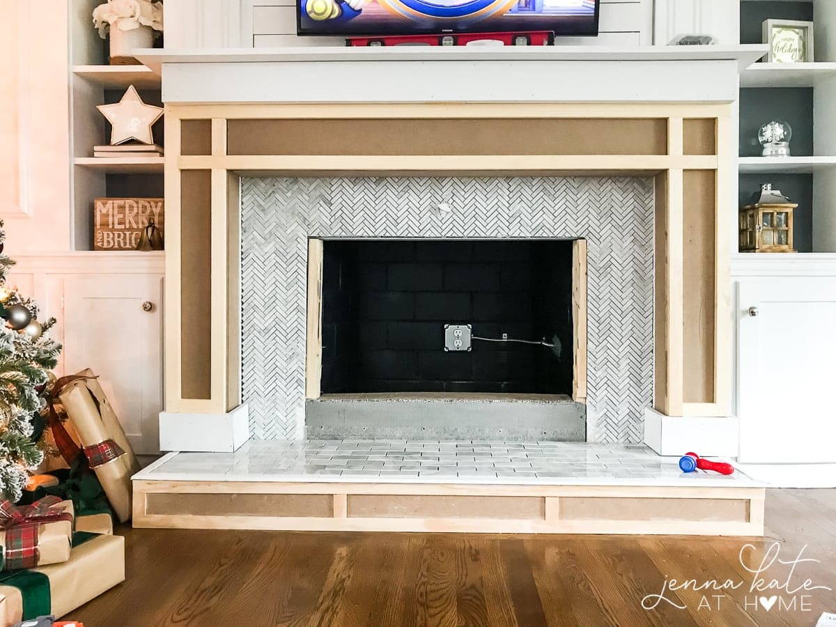 MDF fireplace surround and hearth over existing brick 