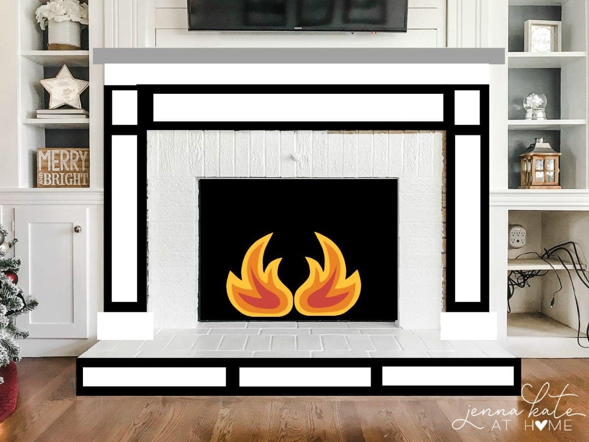 A simulation of a fireplace, showing the areas on top and below, where new wooden panels will be placed