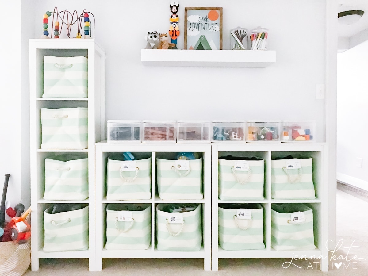 Toy organization using cubbies and small fabric totes with labels