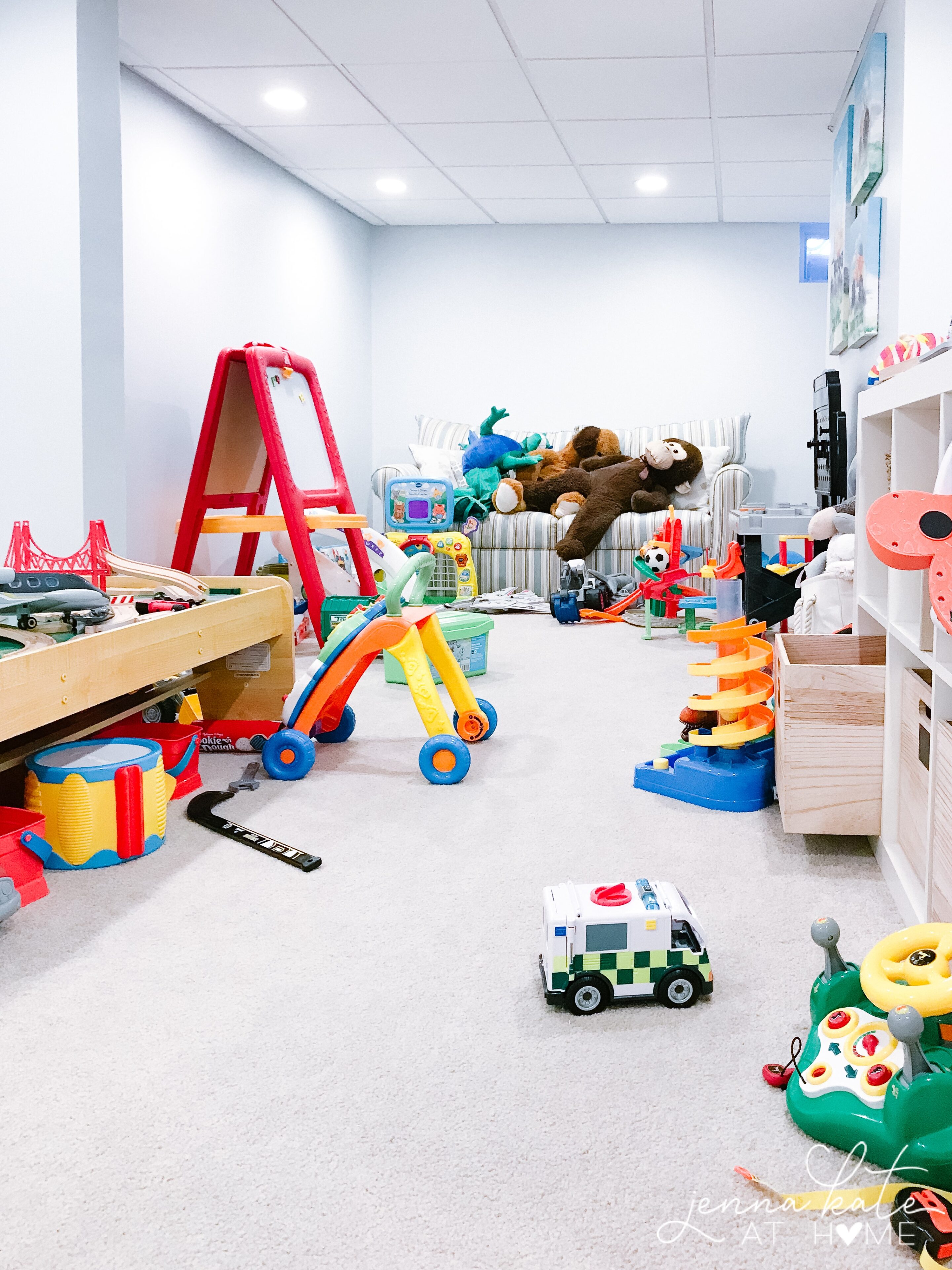 Messy playroom in need of toy organization