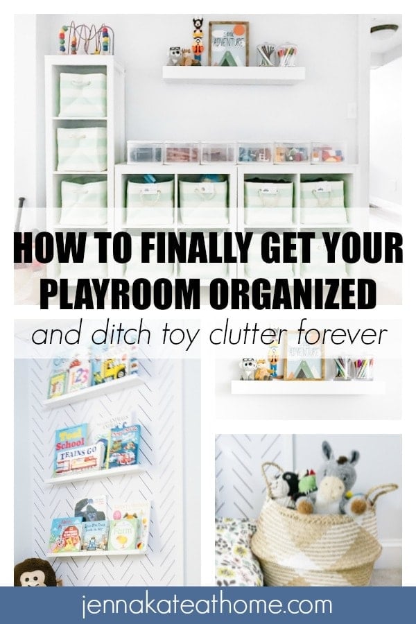 How to finally get your playroom organized and ditch toy clutter forever - a collage of organization ideas such as a shelf and storage cubes in the background