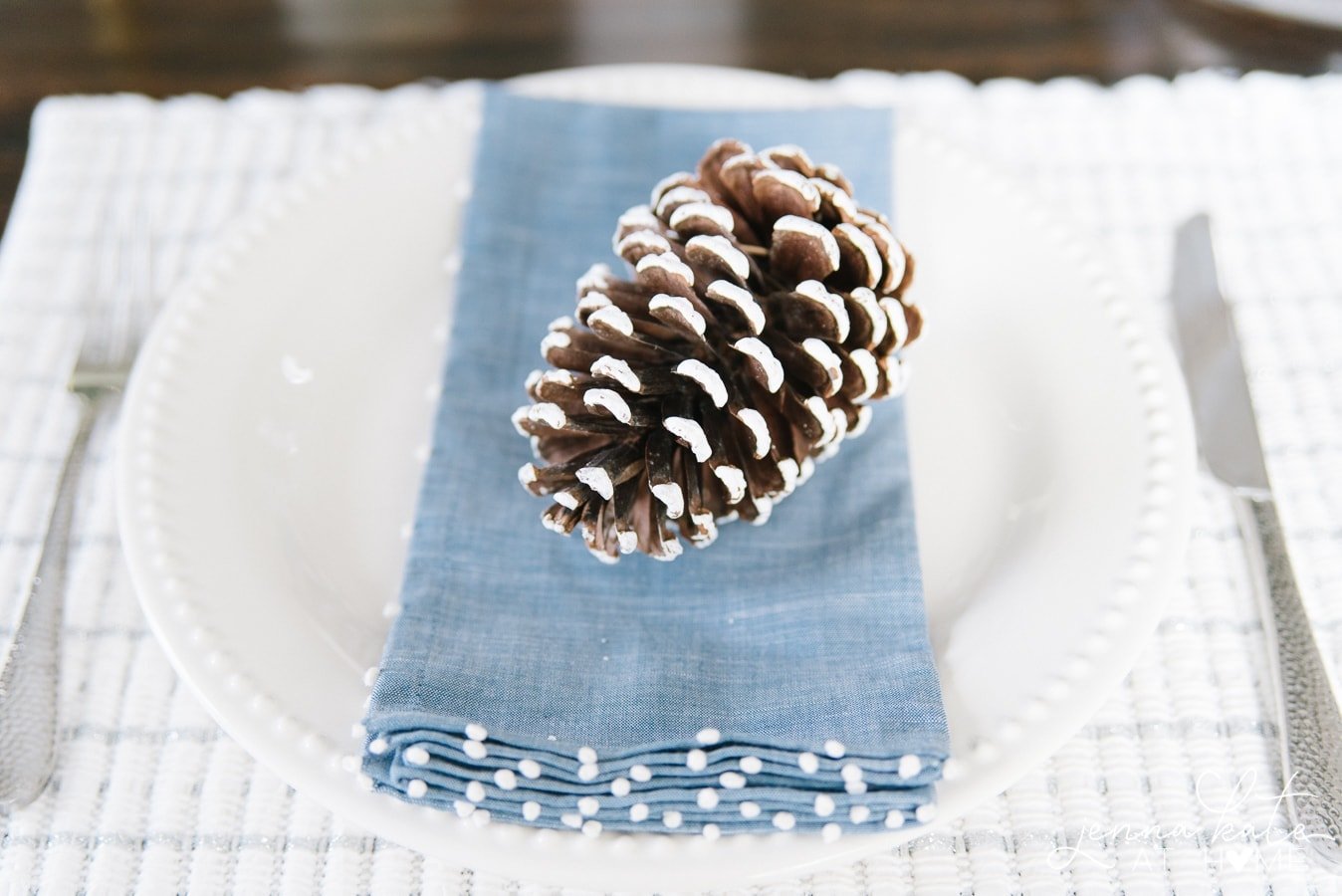 Pine cone on a white plate with a soft blue napkin 
