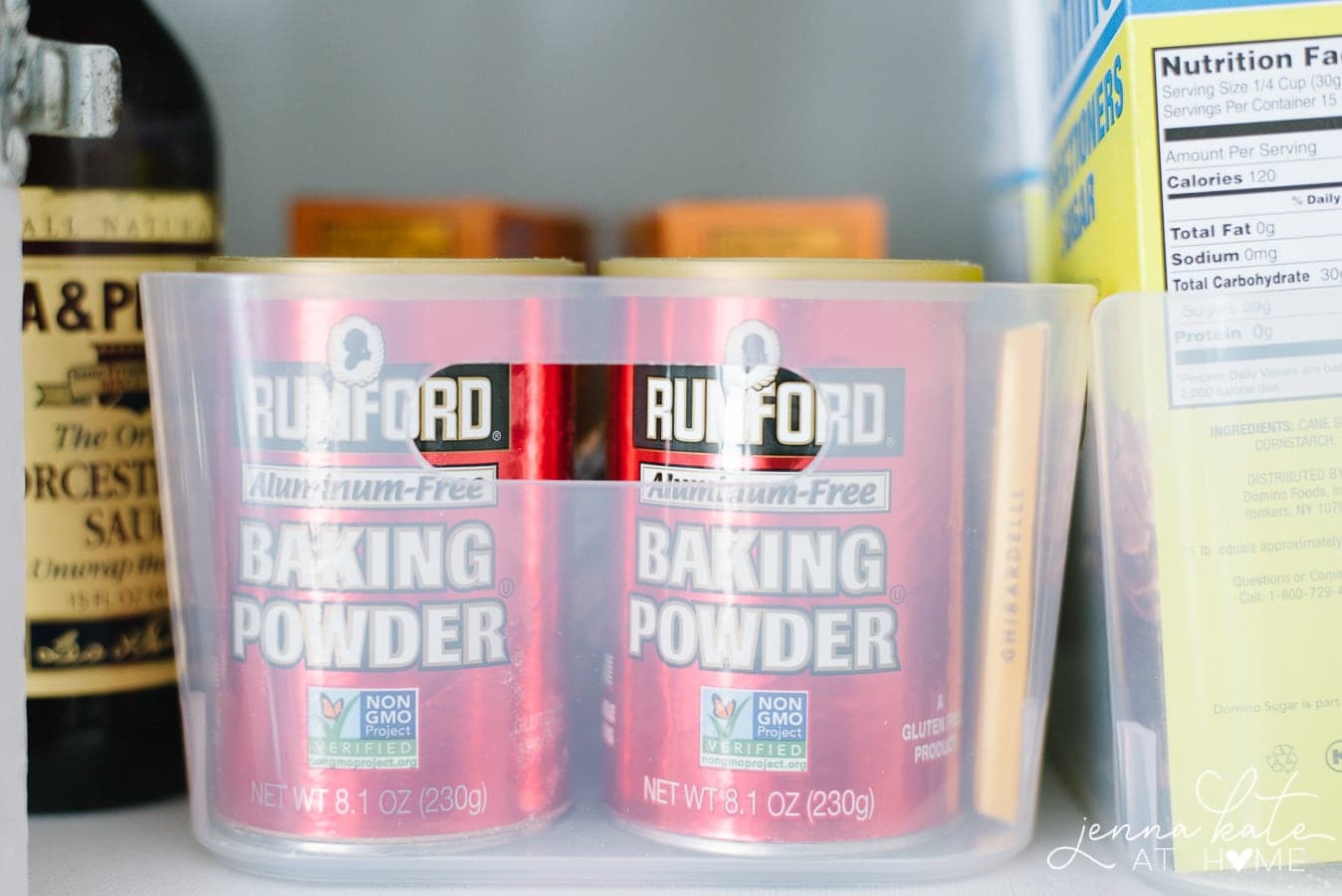 baking supplies organized in clear bins