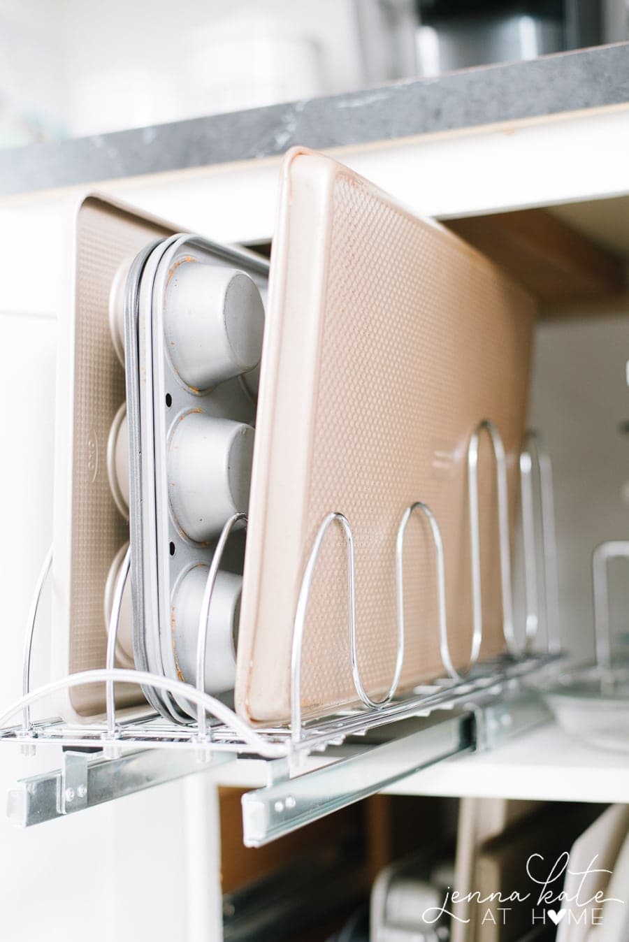 Pull-out shelves for avid bakers to organize their favorite baking pans