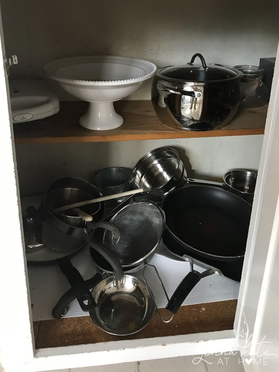 Pots and pans before being organized 