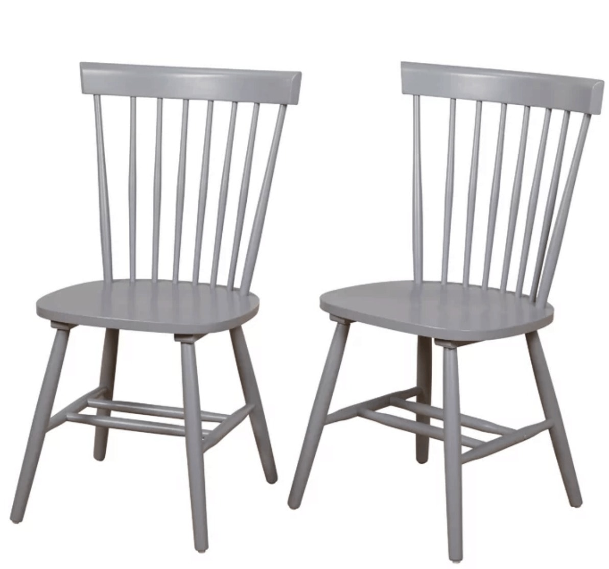 2 farmhouse-style wooden grey chairs 